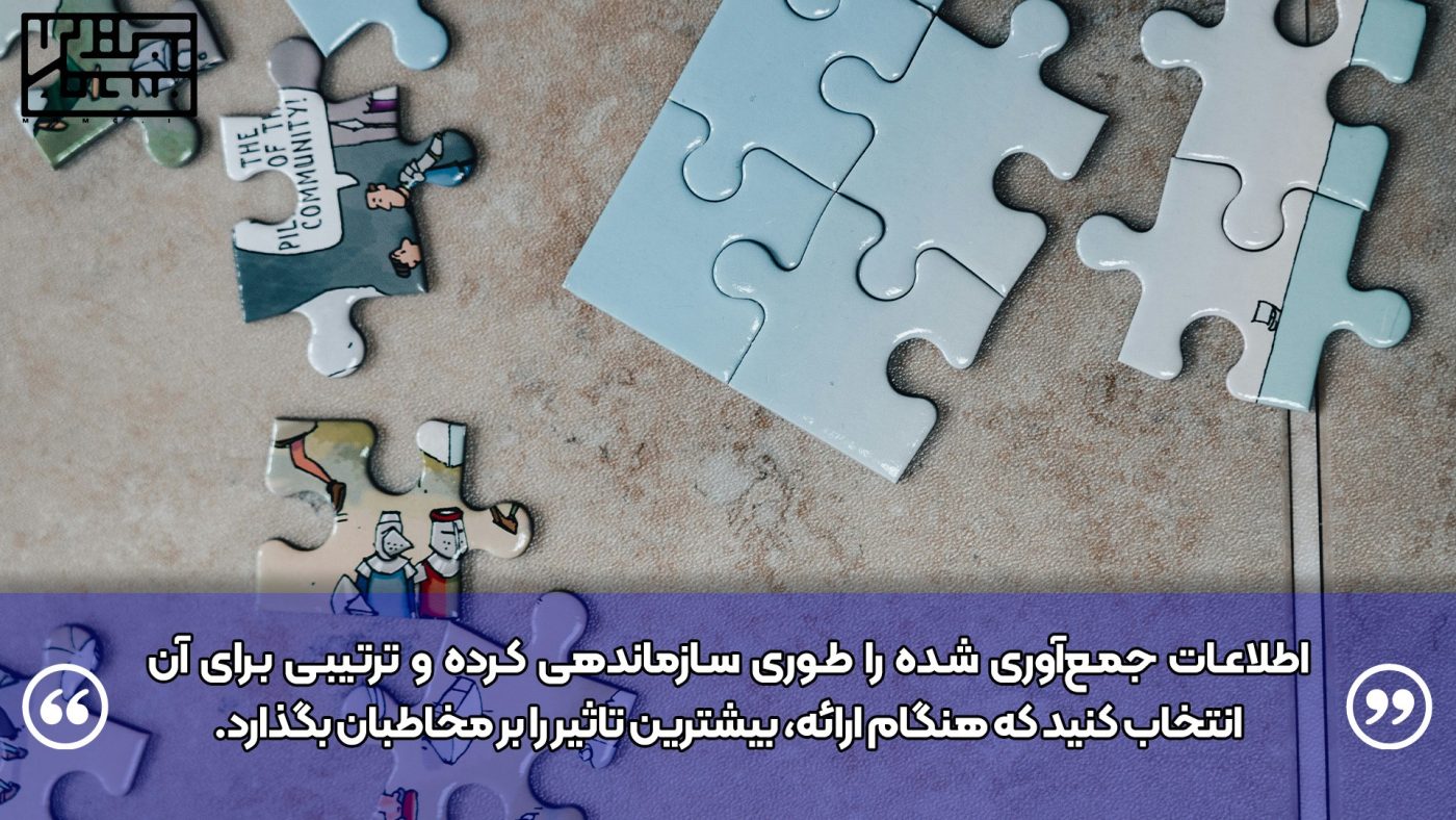 اطلاعات جمع‌آوری شده را طوری سازماندهی کرده و ترتیبی برای آن انتخاب کنید که هنگام ارائه، بیشترین تاثیر را بر مخاطبان بگذارد.